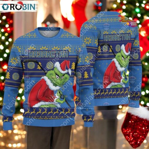 Kazakhstan Ice Hockey Team Grinch Hockey Stick Ugly Christmas Sweater
