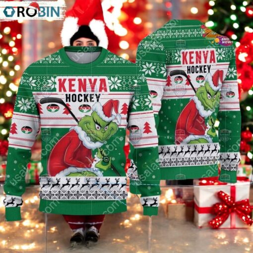Kenya Ice Hockey Team Grinch Hockey Stick Ugly Christmas Sweater