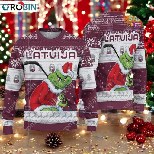 Latvia Ice Hockey Team Grinch Hockey Stick Ugly Christmas Sweater