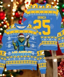 Los Angeles Chargers x Grinch Christmas Dr. Seuss How the Grinch Stole Christmas with Super Bowl Trophy Custom Ugly Christmas Sweater