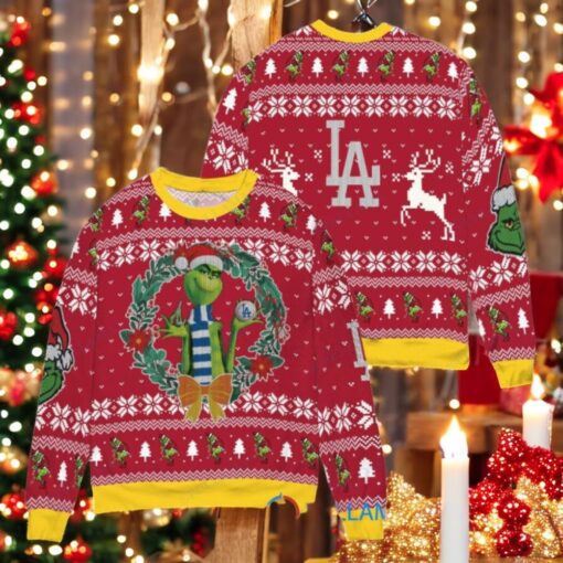 Los Angeles Dodgers x Grinch Dr. Seuss How the Grinch Stole Christmas MLB with World Series Trophy Ugly Christmas Sweater Red