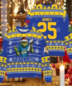 Los Angeles Rams x Grinch Christmas Dr. Seuss How the Grinch Stole Christmas with Super Bowl Trophy Custom Ugly Christmas Sweater