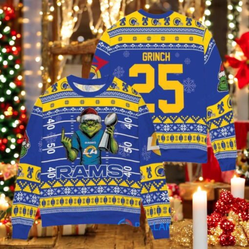 Los Angeles Rams x Grinch Christmas Dr. Seuss How the Grinch Stole Christmas with Super Bowl Trophy Custom Ugly Christmas Sweater