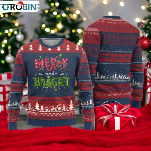 Merry And Bright Christmas Tree Xmas Holiday Ugly Christmas Sweater