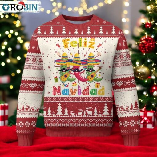 Mexico Xmas Ugly Christmas Sweater Feliz Navidad Mexican Fiesta Hot Pepper Guitar Party
