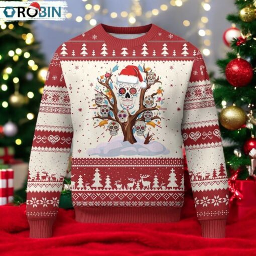 Mexico Xmas Ugly Christmas Sweater Sugar Skull On Tree Funny Xmas