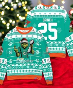 Miami Dolphins x Grinch Christmas Dr. Seuss How the Grinch Stole Christmas with Super Bowl Trophy Custom Ugly Christmas Sweater
