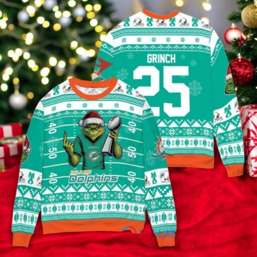 Miami Dolphins x Grinch Christmas Dr. Seuss How the Grinch Stole Christmas with Super Bowl Trophy Custom Ugly Christmas Sweater