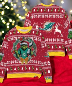 Miami Dolphins x Grinch NFL Dr. Seuss How the Grinch Stole Christmas with Super Bowl Trophy Ugly Christmas Sweater Red