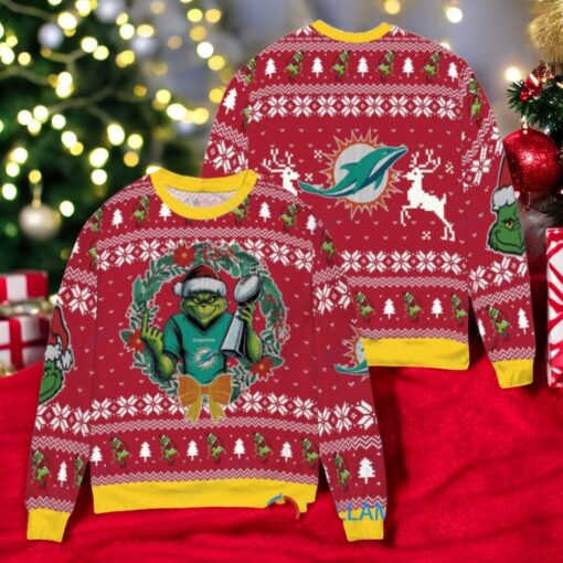 Miami Dolphins x Grinch NFL Dr. Seuss How the Grinch Stole Christmas with Super Bowl Trophy Ugly Christmas Sweater Red