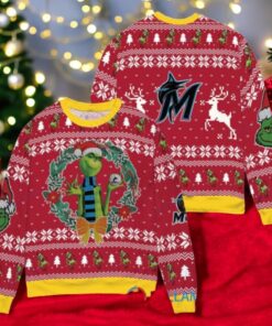 Miami Marlins x Grinch Dr. Seuss How the Grinch Stole Christmas MLB with World Series Trophy Ugly Christmas Sweater Red