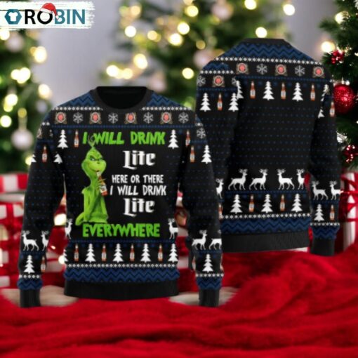 Miller Lite Grinch Will Drink Everywhere Ugly Sweater
