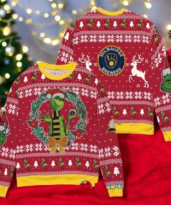 Milwaukee Brewers x Grinch Dr. Seuss How the Grinch Stole Christmas MLB with World Series Trophy Ugly Christmas Sweater Red