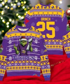 Minnesota Vikings x Grinch Christmas Dr. Seuss How the Grinch Stole Christmas with Super Bowl Trophy Custom Ugly Christmas Sweater