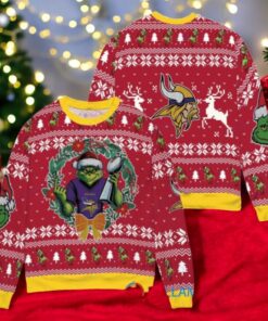 Minnesota Vikings x Grinch NFL Dr. Seuss How the Grinch Stole Christmas with Super Bowl Trophy Ugly Christmas Sweater Red