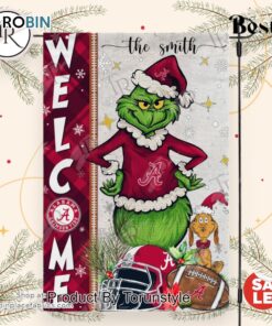 NCAA Alabama Crimson Tide Football Grinch Welcome Christmas Garden Flag   Custom Name NCAA Alabama Crimson Tide Football Grinch Welcome Christmas Garden Flag   Custom Name