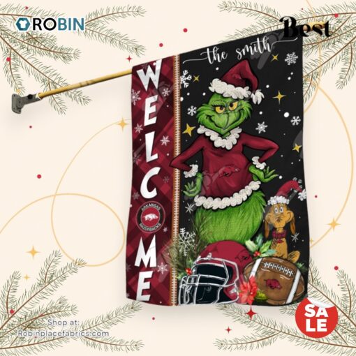 NCAA Arkansas Razorbacks Football Grinch Welcome Christmas Garden Flag   Custom Name