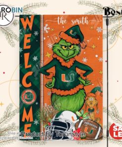 NCAA Miami Hurricanes Football Grinch Welcome Christmas Garden Flag   Custom Name