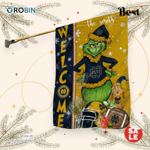 NCAA Notre Dame Fighting Irish Football Grinch Welcome Christmas Garden Flag   Custom Name
