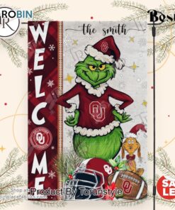 NCAA Oklahoma Sooners Football Grinch Welcome Christmas Garden Flag   Custom Name NCAA Oklahoma Sooners Football Grinch Welcome Christmas Garden Flag   Custom Name