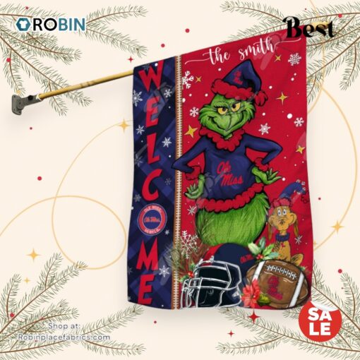 NCAA Ole Miss Rebels Football Grinch Welcome Christmas Garden Flag   Custom Name