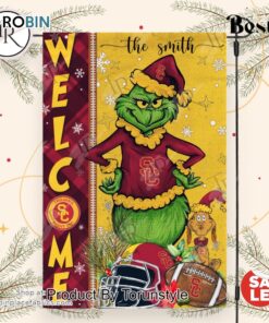 NCAA USC Trojans Football Grinch Welcome Christmas Garden Flag   Custom Name