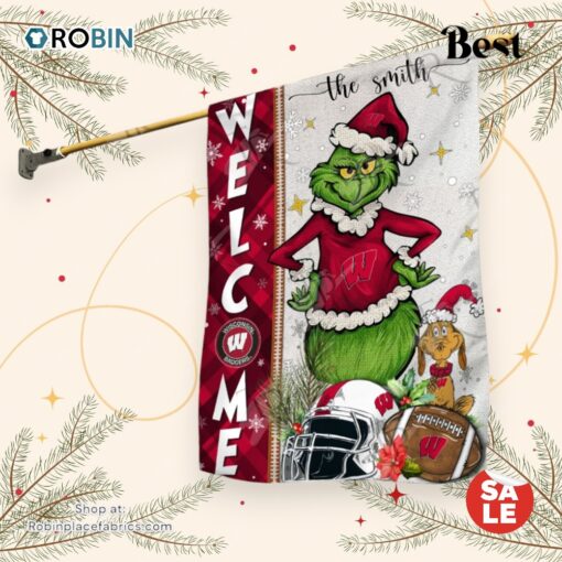 NCAA Wisconsin Badgers Football Grinch Welcome Christmas Garden Flag   Custom Name