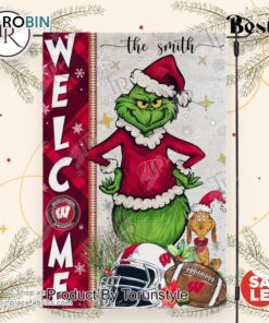 NCAA Wisconsin Badgers Football Grinch Welcome Christmas Garden Flag   Custom Name
