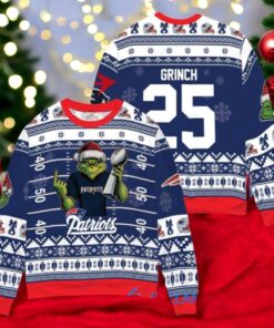 New England Patriots x Grinch Christmas Dr. Seuss How the Grinch Stole Christmas with Super Bowl Trophy Custom Ugly Christmas Sweater
