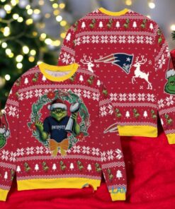 New England Patriots x Grinch NFL Dr. Seuss How the Grinch Stole Christmas with Super Bowl Trophy Ugly Christmas Sweater Red