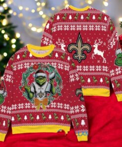 New Orleans Saints x Grinch NFL Dr. Seuss How the Grinch Stole Christmas with Super Bowl Trophy Ugly Christmas Sweater Red