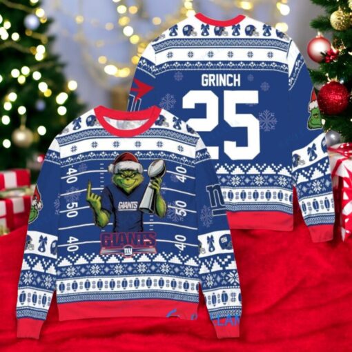 New York Giants x Grinch Christmas Dr. Seuss How the Grinch Stole Christmas with Super Bowl Trophy Custom Ugly Christmas Sweater