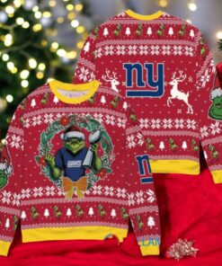 New York Giants x Grinch NFL Dr. Seuss How the Grinch Stole Christmas with Super Bowl Trophy Ugly Christmas Sweater Red