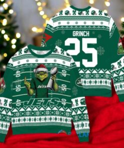 New York Jets x Grinch Christmas Dr. Seuss How the Grinch Stole Christmas with Super Bowl Trophy Custom Ugly Christmas Sweater