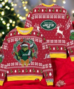 New York Jets x Grinch NFL Dr. Seuss How the Grinch Stole Christmas with Super Bowl Trophy Ugly Christmas Sweater Red