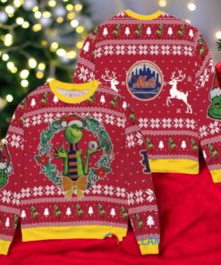 New York Mets x Grinch Dr. Seuss How the Grinch Stole Christmas MLB with World Series Trophy Ugly Christmas Sweater Red