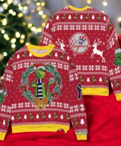 New York Yankees x Grinch Dr. Seuss How the Grinch Stole Christmas MLB with World Series Trophy Ugly Christmas Sweater Red