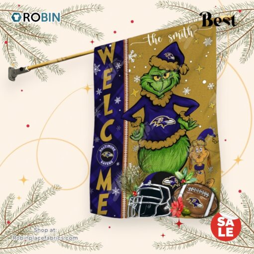 NFL Baltimore Ravens Football Grinch Welcome Christmas Garden Flag   Custom Name