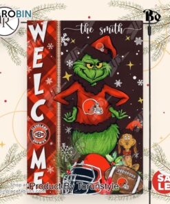 NFL Cleveland Browns Football Grinch Welcome Christmas Garden Flag   Custom Name