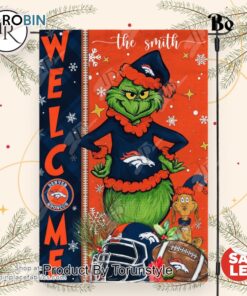 NFL Denver Broncos Football Grinch Welcome Christmas Garden Flag   Custom Name