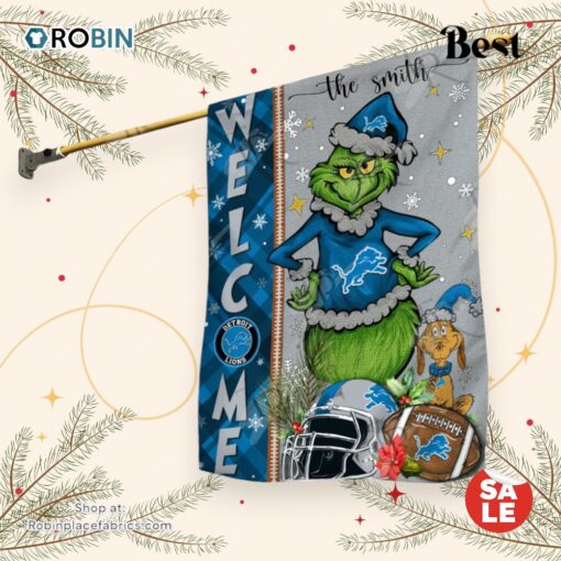 NFL Detroit Lions Football Grinch Welcome Christmas Garden Flag   Custom Name