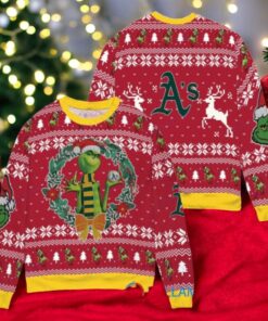 Oakland Athletics x Grinch Dr. Seuss How the Grinch Stole Christmas MLB with World Series Trophy Ugly Christmas Sweater Red