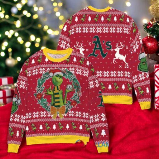 Oakland Athletics x Grinch Dr. Seuss How the Grinch Stole Christmas MLB with World Series Trophy Ugly Christmas Sweater Red