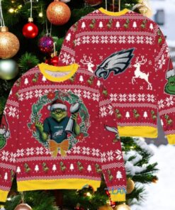 Philadelphia Eagles x Grinch NFL Dr. Seuss How the Grinch Stole Christmas with Super Bowl Trophy Ugly Christmas Sweater Red