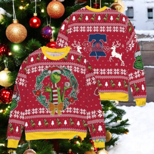 Philadelphia Phillies x Grinch Dr. Seuss How the Grinch Stole Christmas MLB with World Series Trophy Ugly Christmas Sweater Red