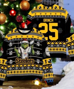 Pittsburgh Steelers x Grinch Christmas Dr. Seuss How the Grinch Stole Christmas with Super Bowl Trophy Custom Ugly Christmas Sweater