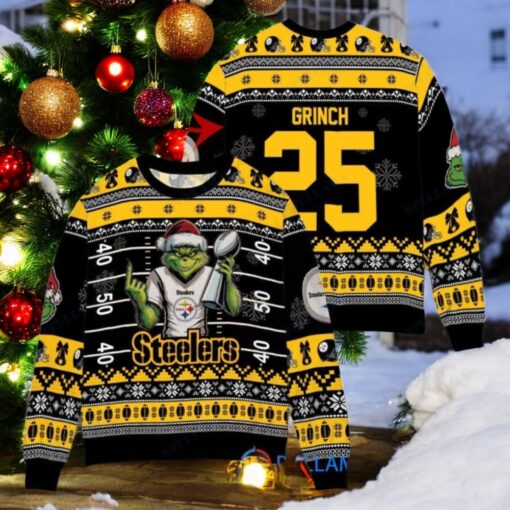Pittsburgh Steelers x Grinch Christmas Dr. Seuss How the Grinch Stole Christmas with Super Bowl Trophy Custom Ugly Christmas Sweater