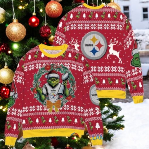 Pittsburgh Steelers x Grinch NFL Dr. Seuss How the Grinch Stole Christmas with Super Bowl Trophy Ugly Christmas Sweater Red