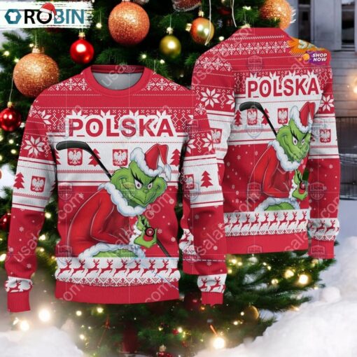 Poland Ice Hockey Team Grinch Hockey Stick Ugly Christmas Sweater