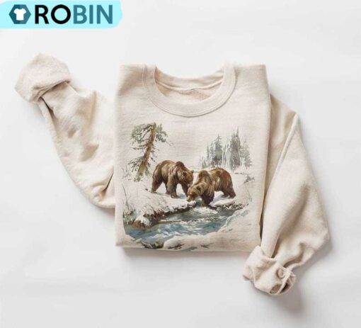 Retro Grizzly Bears Wilderness Scene Sweatshirt, Vintage Brown Bear Shirt